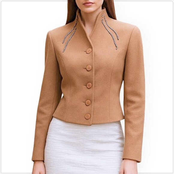 Alessandro Dell'Acqua Vintage Tan Cashmere Wool Silk Knit Rhinestone Jacket 44 - Picture 1 of 6